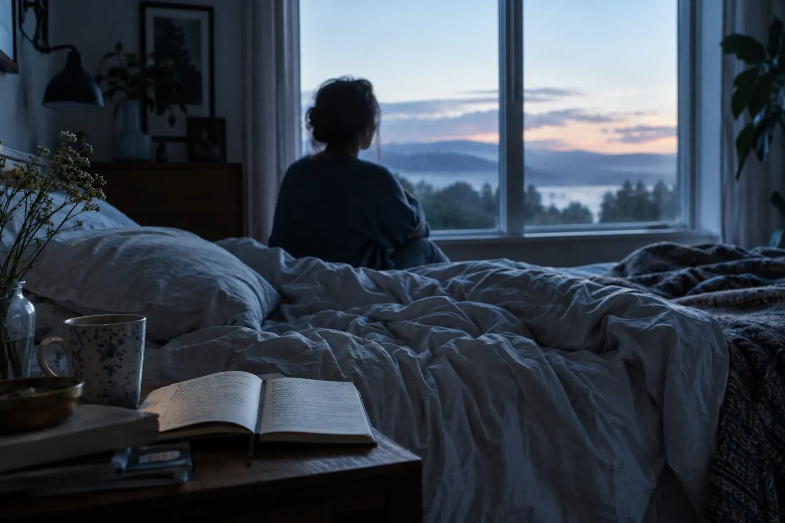 Quiet dawn light in a bedroom as a person looks out