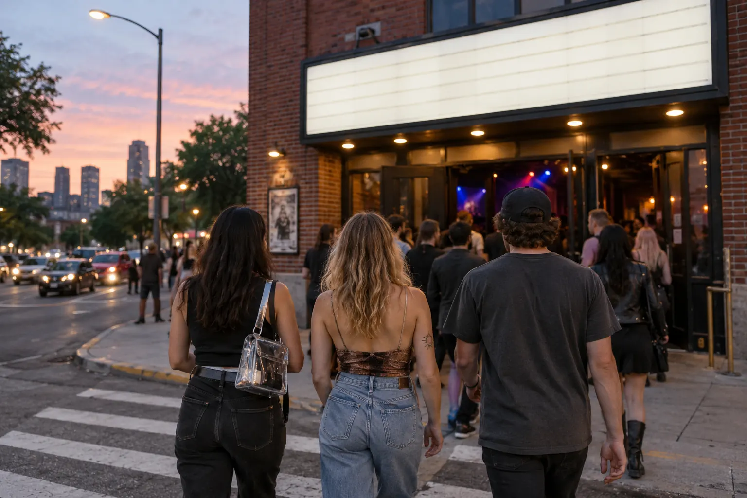 Friends approaching a brick music venue at dusk